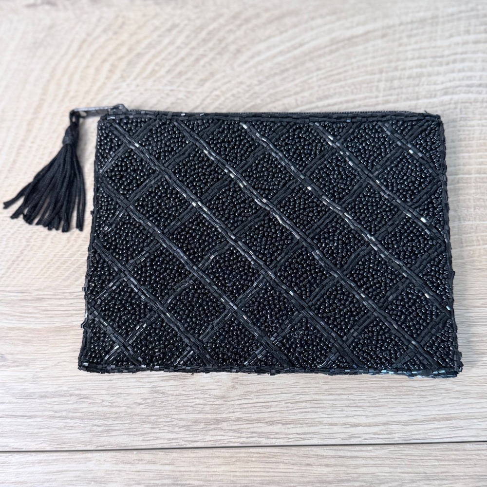 Vintage Lancome Black Beaded Diamond Pattern Small Coin Purse Cosmetic Pouch Y2K